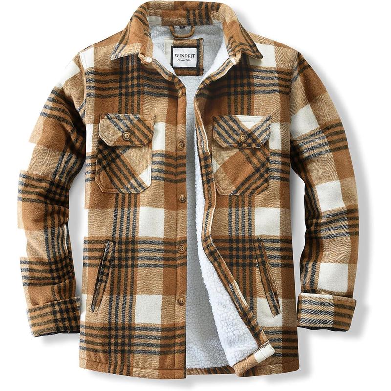 Men's Cotton Flannel Shirt Jacket Fleece Lined Long Sleeve Plaid Shirt for Men