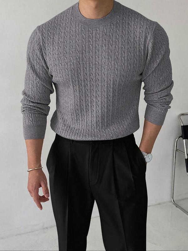 Men's Solid Textured Round Neck Knit Top, Fall Clothes 2024, Regular Fit Casual Long Sleeve Crew Neck Cable Knit Jumper for Fall & Winter, Fashion Men's Knitwear for Daily Wear