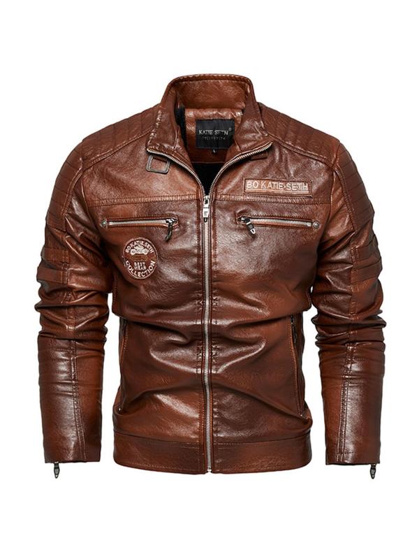 Men's Regular Fit Solid Pocket Zipper Faux Leather Jacket, Fashion Casual Long Sleeve Collared Outerwear for Daily Outdoor Wear, Men Cloths for Fall & Winter