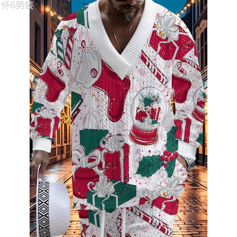 Festive Men's V-Neck Sweatsuit Set - Casual Polyester Knit Fabric Long Sleeve Outfit with Cartoon Patterns, Slight Stretch, Loose Fit for Fall Season Party and Christmas - Adult Lash Sets with Heat Transfer Print Design (85% Polyester, 15% Cotton  Cotton