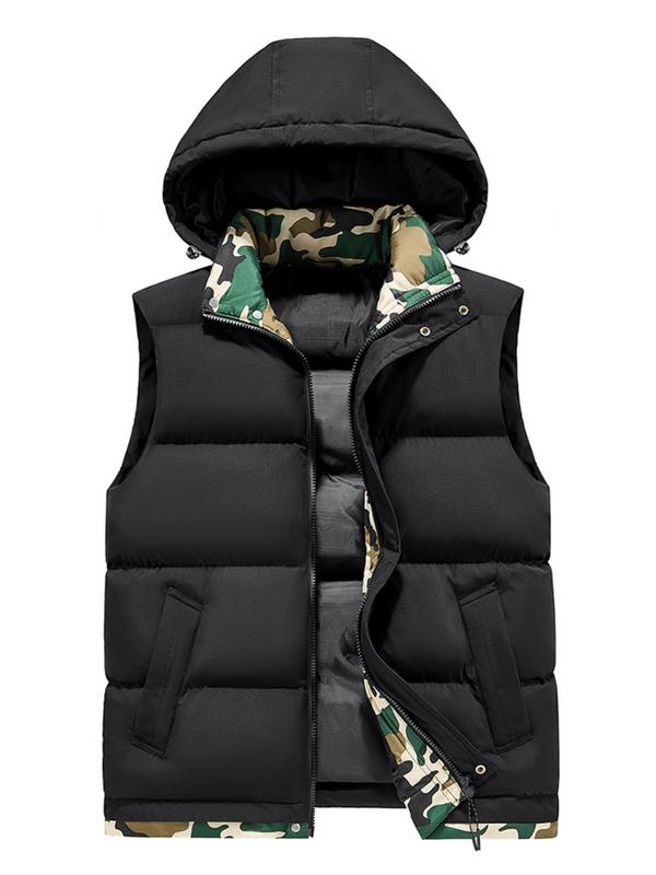 Men's Camo Patchwork 2 in 1  Pocket Zipper Sports Vest Coat, Regular Fit Casual Windproof Warm Button Front Sleeveless Outerwear for Fall & Winter, Men's Sportswear for Outdoor Activities