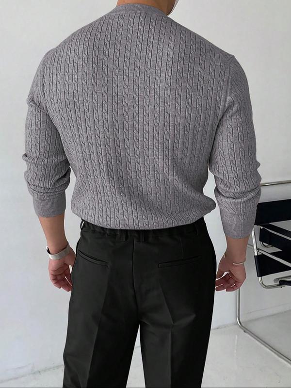 Men's Solid Textured Round Neck Knit Top, Fall Clothes 2024, Regular Fit Casual Long Sleeve Crew Neck Cable Knit Jumper for Fall & Winter, Fashion Men's Knitwear for Daily Wear