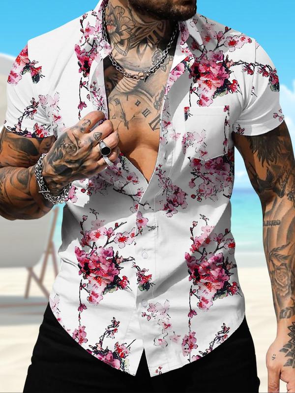 Men's Regular Fit Floral Print Button Front Shirt without Tee & Necklace, Casual Short Sleeve Collared Top for Summer, Fashion Men's Clothes for Beach Vacation