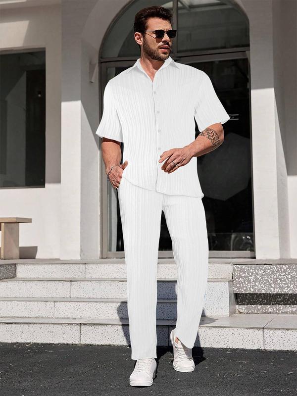 Two-piece Set Men's Solid Textured Button Front Shirt & Drawstring Waist Pants, Loose Casual Short Sleeve Collared Top & Pocket Trousers for Beach Vacation, Men's Two-piece Outfits for All Seasons