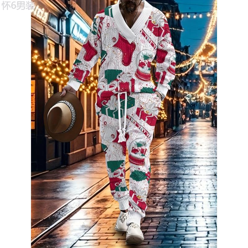 Festive Men's V-Neck Sweatsuit Set - Casual Polyester Knit Fabric Long Sleeve Outfit with Cartoon Patterns, Slight Stretch, Loose Fit for Fall Season Party and Christmas - Adult Lash Sets with Heat Transfer Print Design (85% Polyester, 15% Cotton  Cotton