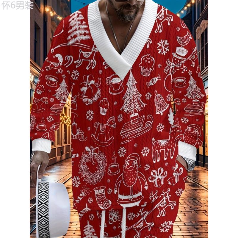 Festive Men's V-Neck Sweatsuit Set - Casual Polyester Knit Fabric Long Sleeve Outfit with Cartoon Patterns, Slight Stretch, Loose Fit for Fall Season Party and Christmas - Adult Lash Sets with Heat Transfer Print Design (85% Polyester, 15% Cotton  Cotton