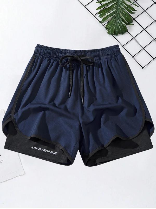 Men's 2 in 1 Letter Print Drawstring Waist Shorts, Men's Clothing Outfits, Regular Fit Casual Breathable Elastic Waist Straight Leg Shorts for Summer, Men's Bottoms for Daily Wear