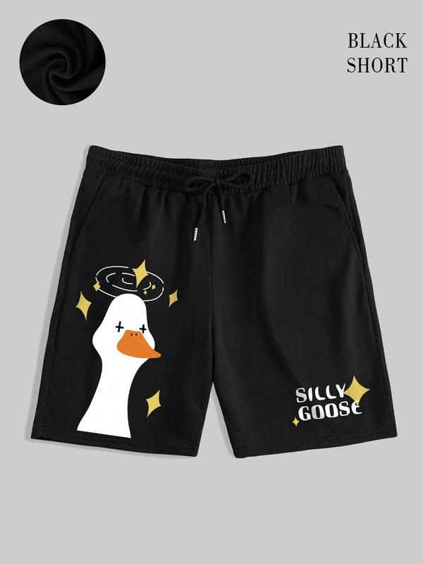 Men's Regular Fit Cartoon Goose Print Drawstring Shorts, Casual Elastic Waist Pocket Track Shorts for Summer, Men's Bottoms for Daily Wear