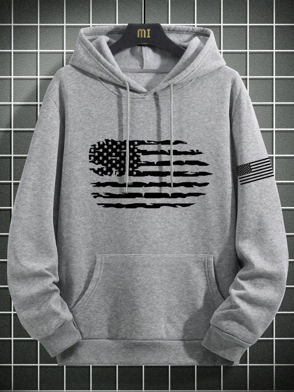 Men's American Flag Print Drawstring Hoodie, Casual Regular Fit Long Sleeve Pocket Hooded Sweatshirt for Fall & Winter, Men's Top for Daily Wear