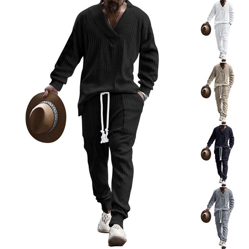 Men's Casual Trousers V-neck All-Matching Jacquard Sweater Men's Clothing Autumn Suit