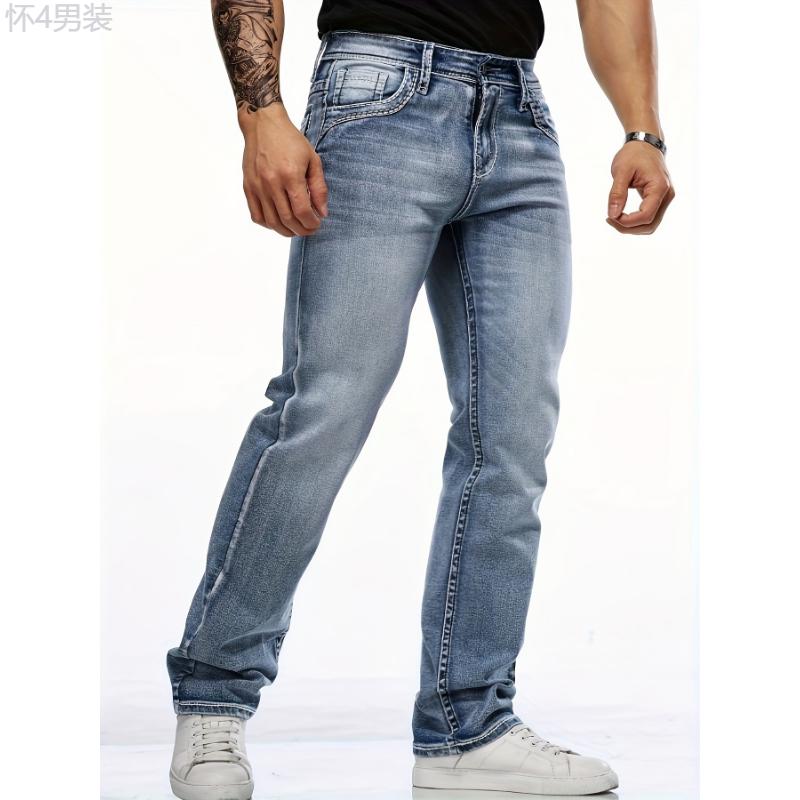 Four-Season Regular Fit Men's Classic Stretch Denim Jeans With Embroidered Design and Pockets Menswear Spandex Fabric Trouser