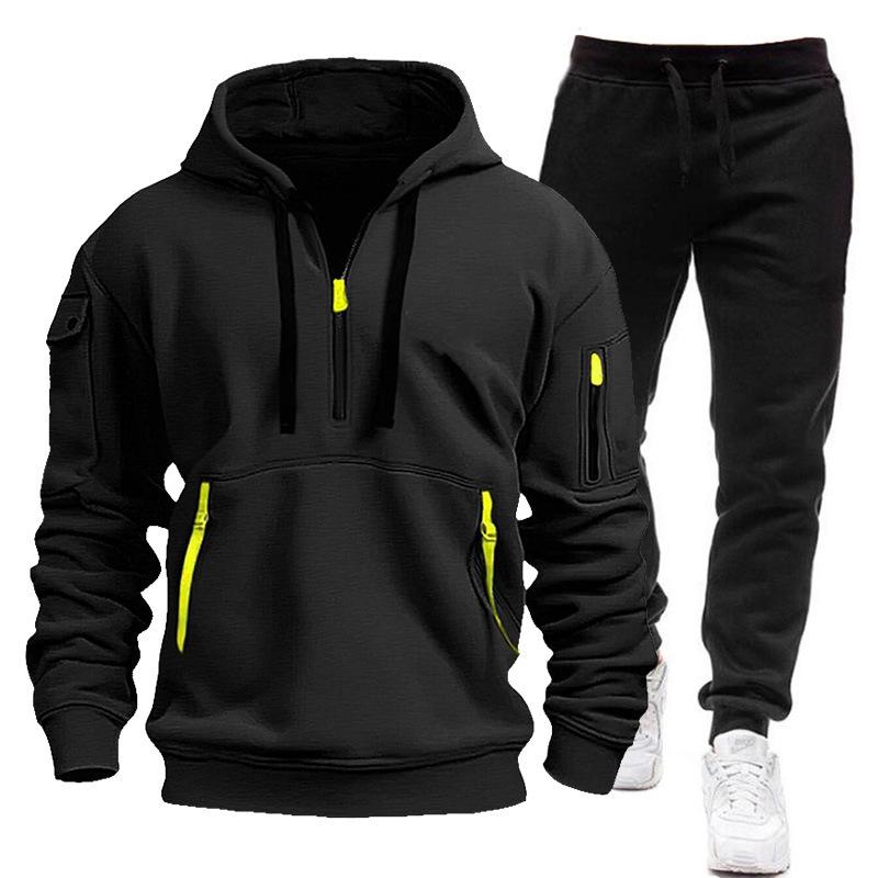 Suit Men's Autumn and Winter New Fleece-lined Multi-Pocket Zipper Sweater Suit Personal Leisure Hoodie Suit