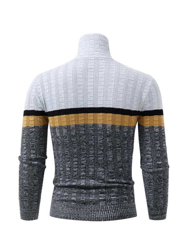 Men's Colorblock Buckle Design High Neck Sweater Pullover, Regular Fit Casual Long Sleeve Jumper for Fall & Winter, Fashion Men's Knitwear for Daily Wear