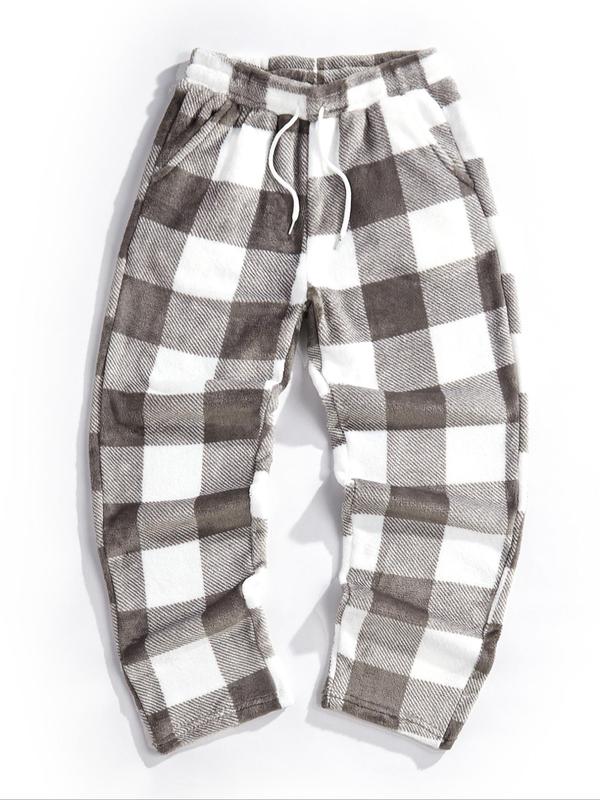 Men's Plaid Print Drawstring Waist Flannel Sweatpants, Regular Fit Casual Comfy Pocket Straight Leg Trousers for Fall & Winter, Men's Bottoms for Daily Wear