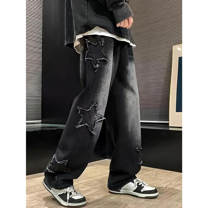 Y2g Men's XINGX Pattern Loose Straight Jeans, Casual Street Style Jeans