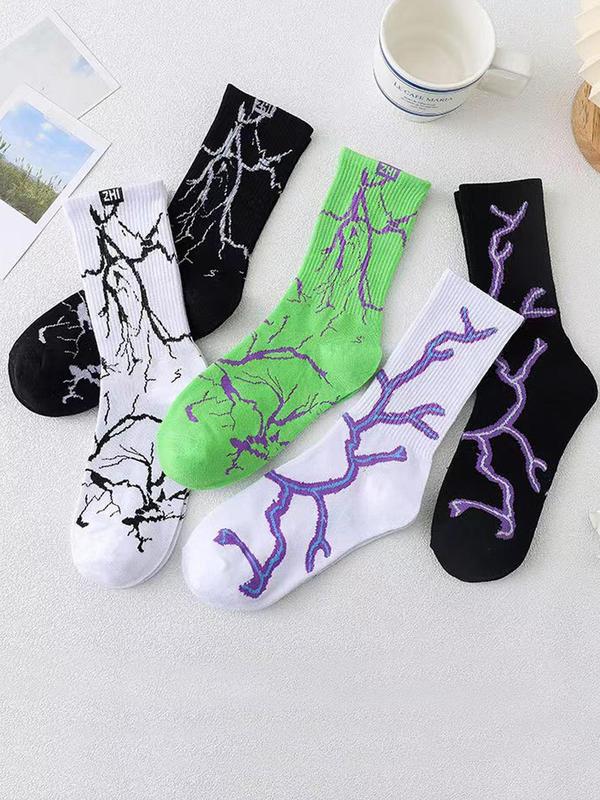 Men's 5 Pairs Novelty All Over Print Crew Socks, Casual Street Style Multicolor Lightning Print Athletic Socks, Soft Comfy Breathable Graphic Mid-calf Socks For Men, Menswear