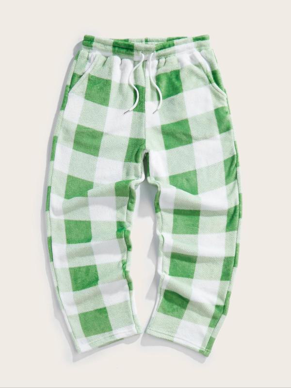 Men's Plaid Print Drawstring Waist Flannel Sweatpants, Regular Fit Casual Comfy Pocket Straight Leg Trousers for Fall & Winter, Men's Bottoms for Daily Wear