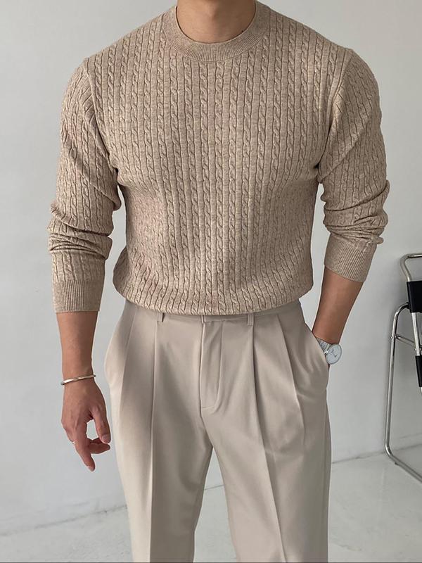 Men's Solid Textured Round Neck Knit Top, Fall Clothes 2024, Regular Fit Casual Long Sleeve Crew Neck Cable Knit Jumper for Fall & Winter, Fashion Men's Knitwear for Daily Wear