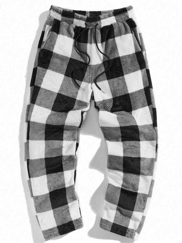 Men's Plaid Print Drawstring Waist Flannel Sweatpants, Regular Fit Casual Comfy Pocket Straight Leg Trousers for Fall & Winter, Men's Bottoms for Daily Wear