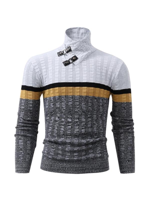 Men's Colorblock Buckle Design High Neck Sweater Pullover, Regular Fit Casual Long Sleeve Jumper for Fall & Winter, Fashion Men's Knitwear for Daily Wear