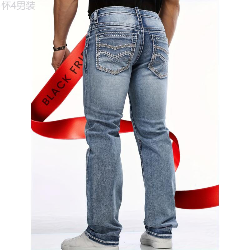 Four-Season Regular Fit Men's Classic Stretch Denim Jeans With Embroidered Design and Pockets Menswear Spandex Fabric Trouser