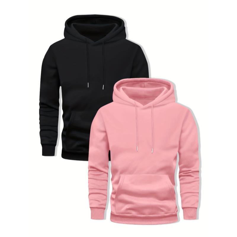 Men's 2-pack Set Of Solid Color Hooded Long Sleeve Fleece Sweatshirts With A Kangaroo Pocket, Autumn And Winter Sports Hoodies For Casual Outerwear