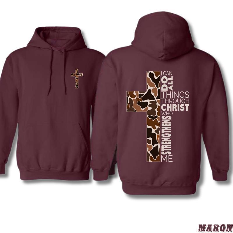 Christian 2 Siders Hoodie, Camo Cross Design with Philippians Verse, Perfect for Faithful Believers and Outdoorsmen, Cozy Hoodie for Men, Women