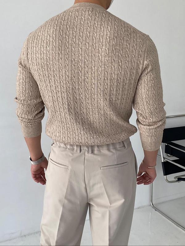 Men's Solid Textured Round Neck Knit Top, Fall Clothes 2024, Regular Fit Casual Long Sleeve Crew Neck Cable Knit Jumper for Fall & Winter, Fashion Men's Knitwear for Daily Wear