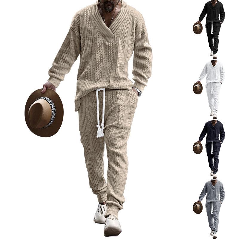 Men's Casual Trousers V-neck All-Matching Jacquard Sweater Men's Clothing Autumn Suit