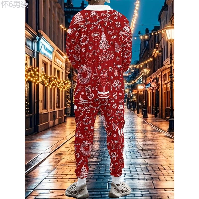 Festive Men's V-Neck Sweatsuit Set - Casual Polyester Knit Fabric Long Sleeve Outfit with Cartoon Patterns, Slight Stretch, Loose Fit for Fall Season Party and Christmas - Adult Lash Sets with Heat Transfer Print Design (85% Polyester, 15% Cotton  Cotton