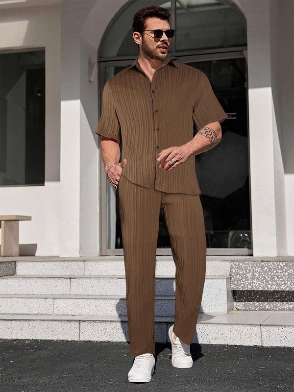 Two-piece Set Men's Solid Textured Button Front Shirt & Drawstring Waist Pants, Loose Casual Short Sleeve Collared Top & Pocket Trousers for Beach Vacation, Men's Two-piece Outfits for All Seasons