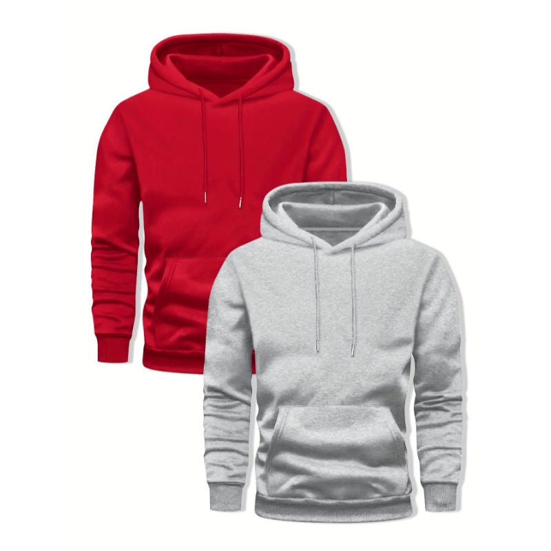 Men's 2-pack Set Of Solid Color Hooded Long Sleeve Fleece Sweatshirts With A Kangaroo Pocket, Autumn And Winter Sports Hoodies For Casual Outerwear