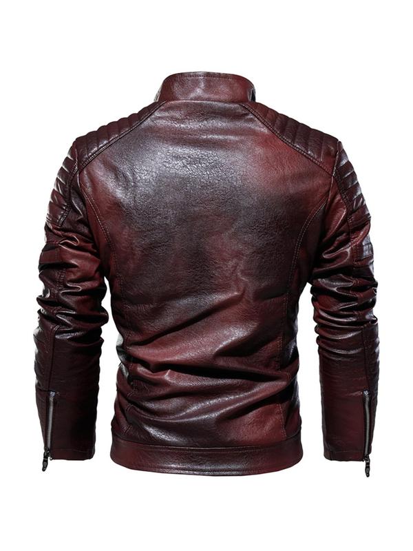 Men's Regular Fit Solid Pocket Zipper Faux Leather Jacket, Fashion Casual Long Sleeve Collared Outerwear for Daily Outdoor Wear, Men Cloths for Fall & Winter