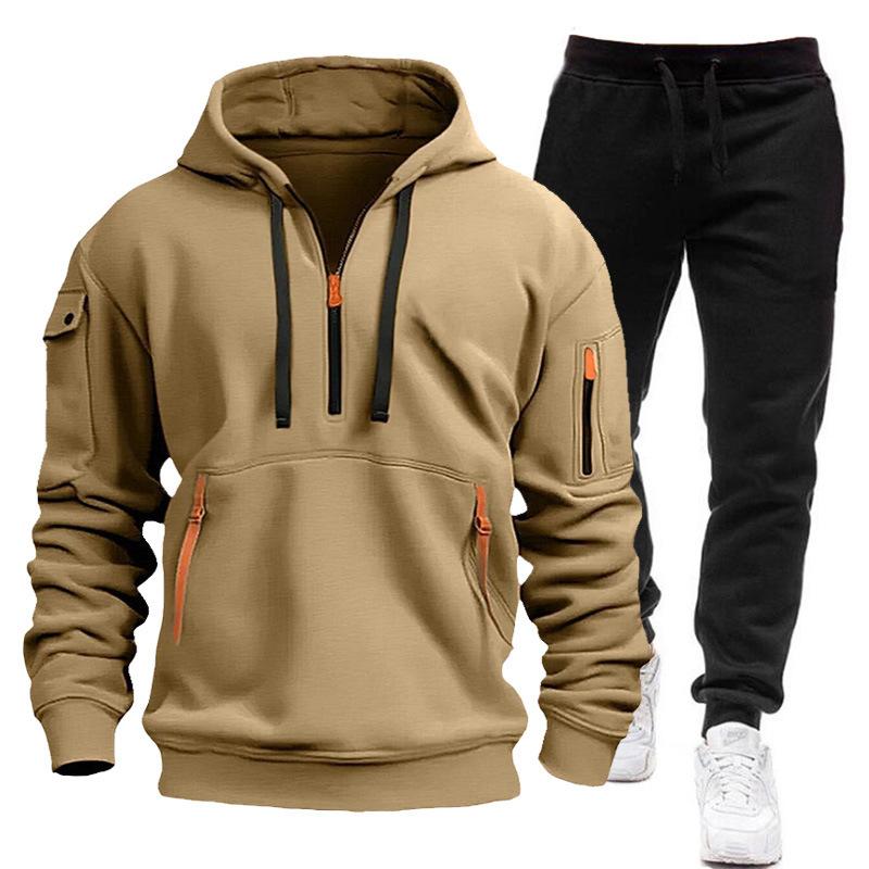 Suit Men's Autumn and Winter New Fleece-lined Multi-Pocket Zipper Sweater Suit Personal Leisure Hoodie Suit