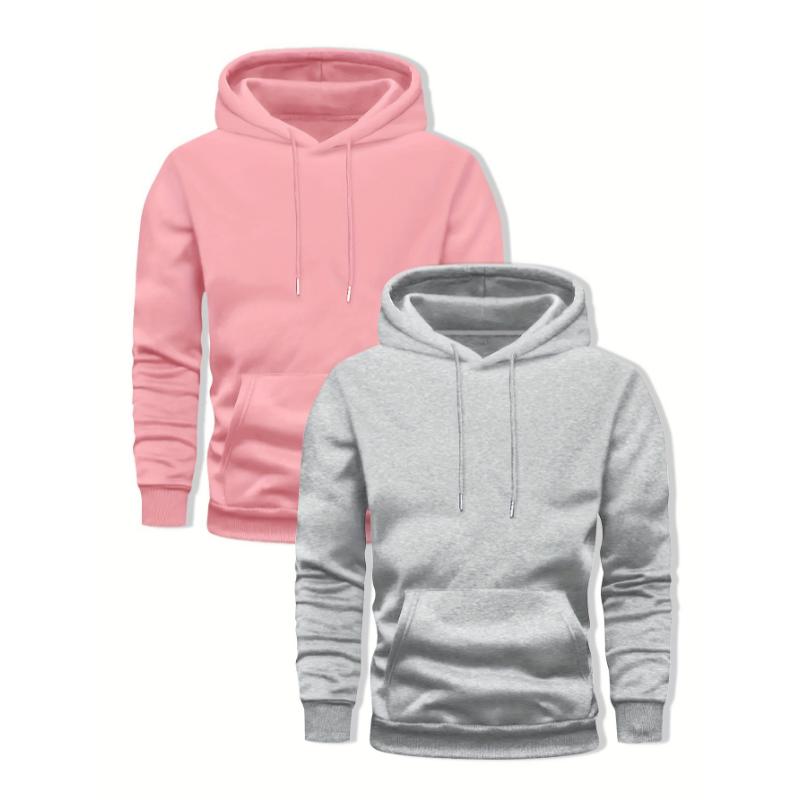 Men's 2-pack Set Of Solid Color Hooded Long Sleeve Fleece Sweatshirts With A Kangaroo Pocket, Autumn And Winter Sports Hoodies For Casual Outerwear