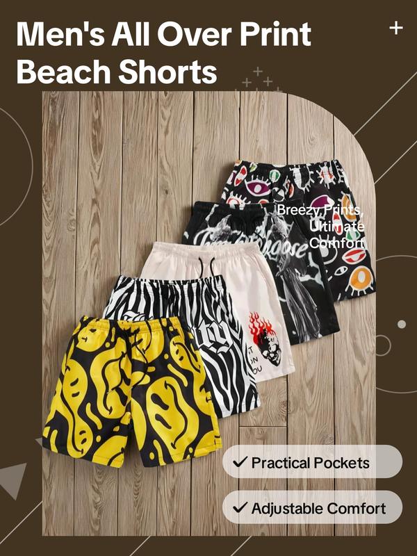 Men's All Over Print Drawstring Waist Beach Shorts, Casual Elastic Waist Pocket Shorts for Summer, Back-to-school Clothing, Men's Bottoms for Daily Wear,  Men Shorts