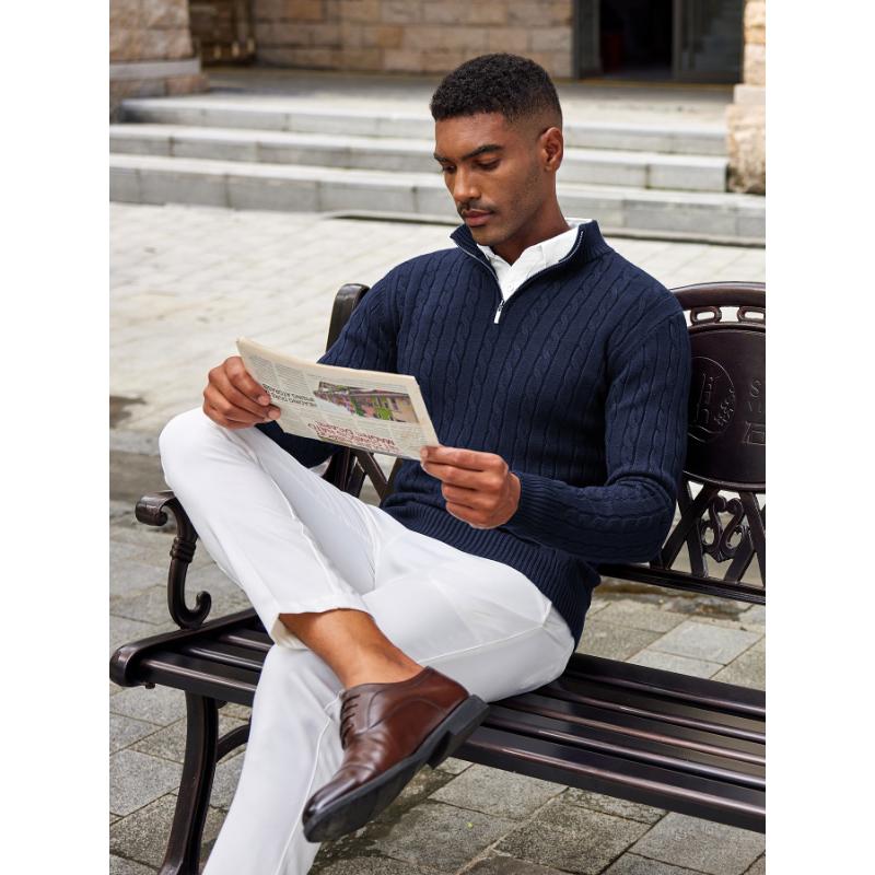 Men's Slim Fit Casual Knitted Turtleneck Pullover Mock Neck Polo Sweater Quarter Zip Sweater