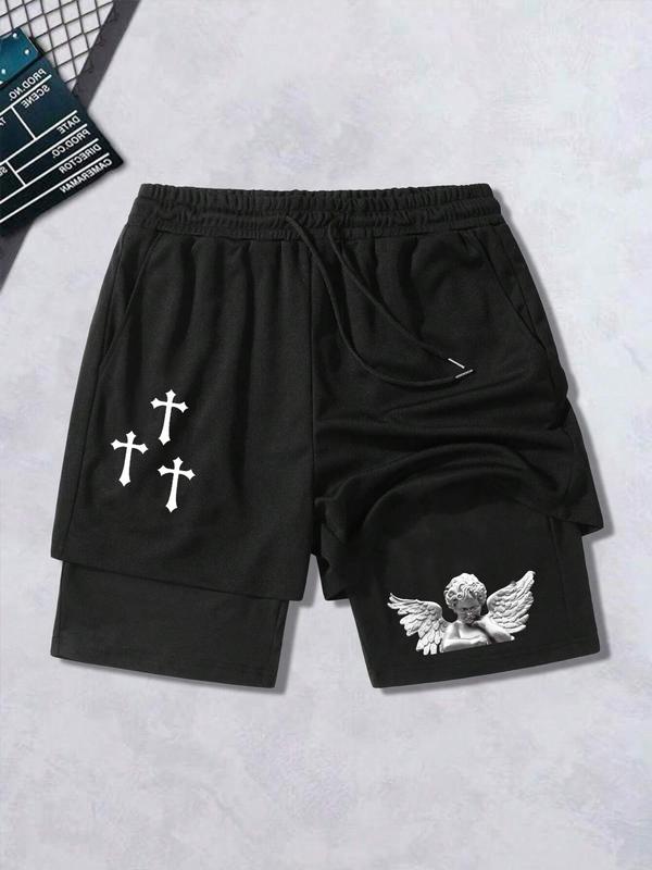 Men's 2 In 1 Letter & Cross Print Shorts, Casual Drawstring Waist Pocket Shorts for Summer, Fashion Men's Bottoms for Daily Streetwear