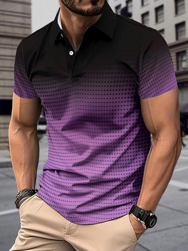 Men's Ombre Plaid Print Short Sleeve Polo Shirt, Regular Fit Casual Button Front Polo Neck Top, Men's Streetwear for Summer Daily Wear