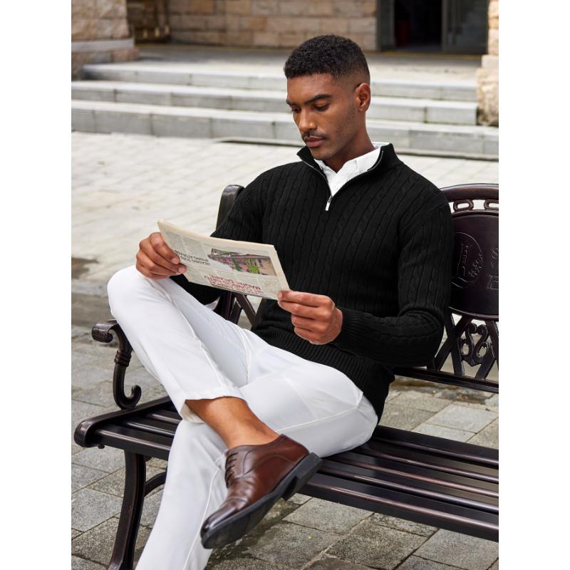 Men's Slim Fit Casual Knitted Turtleneck Pullover Mock Neck Polo Sweater Quarter Zip Sweater