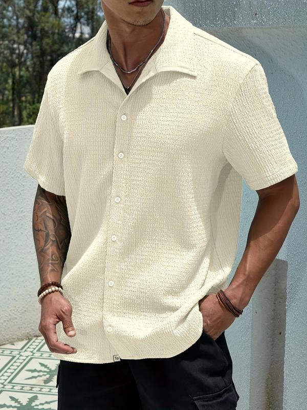 Men's Plain Textured Short Sleeve Button Front Shirt, Regular Fit Casual Collared Top for Summer, Fashion Men's Clothes for Daily Wear