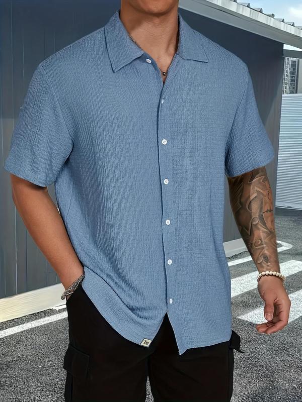 Men's Plain Textured Short Sleeve Button Front Shirt, Regular Fit Casual Collared Top for Summer, Fashion Men's Clothes for Daily Wear