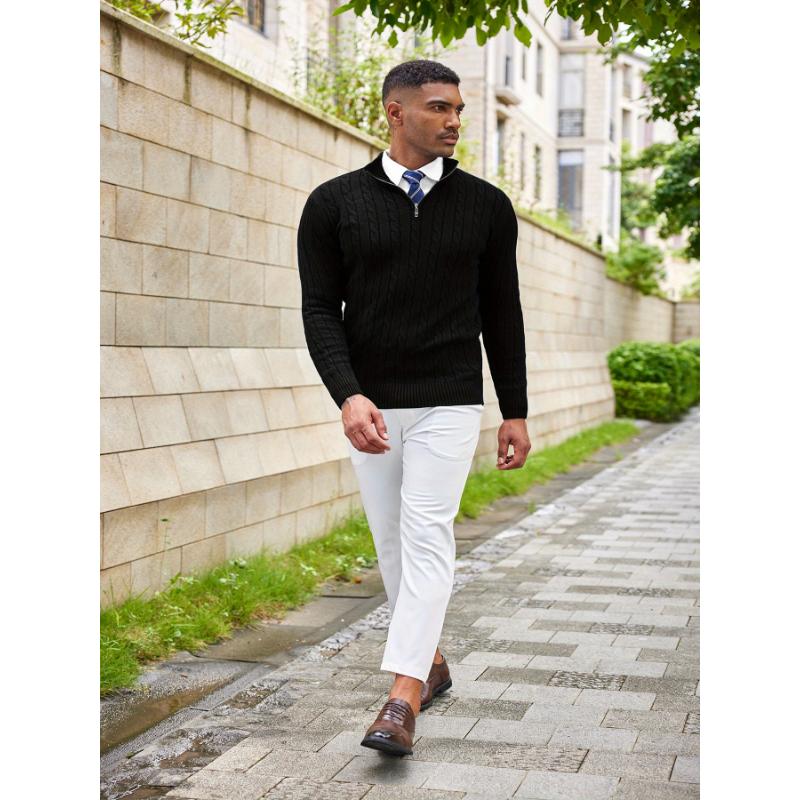 Men's Slim Fit Casual Knitted Turtleneck Pullover Mock Neck Polo Sweater Quarter Zip Sweater