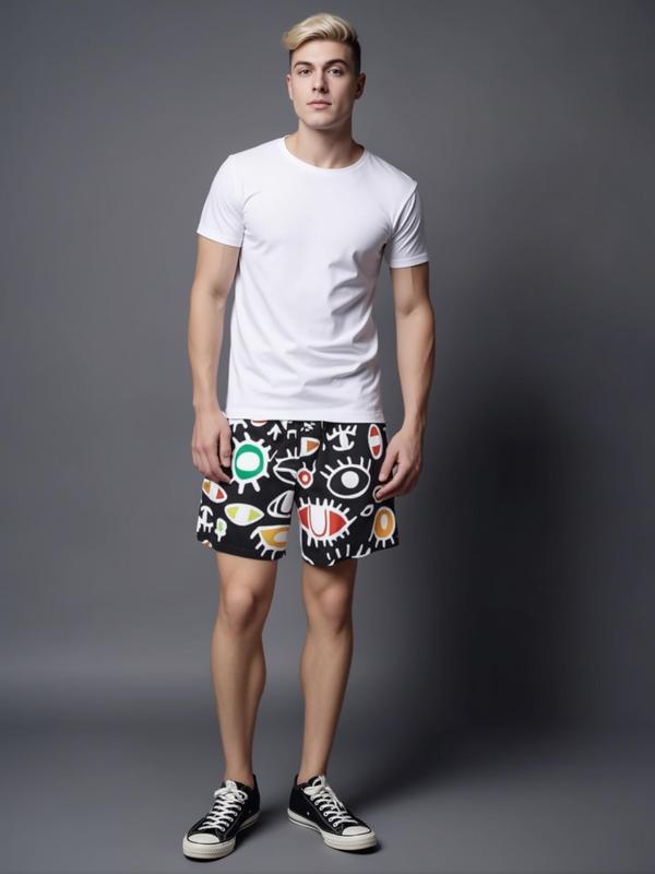 Men's All Over Print Drawstring Waist Beach Shorts, Casual Elastic Waist Pocket Shorts for Summer, Back-to-school Clothing, Men's Bottoms for Daily Wear,  Men Shorts