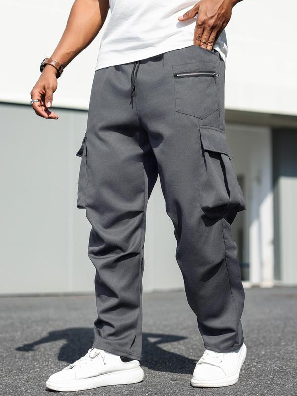  Men's Solid Flap Pocket Cargo Pants, Regular Fit Casual Drawstring Waist Trousers for Daily Wear, Men's Bottoms for All Seasons