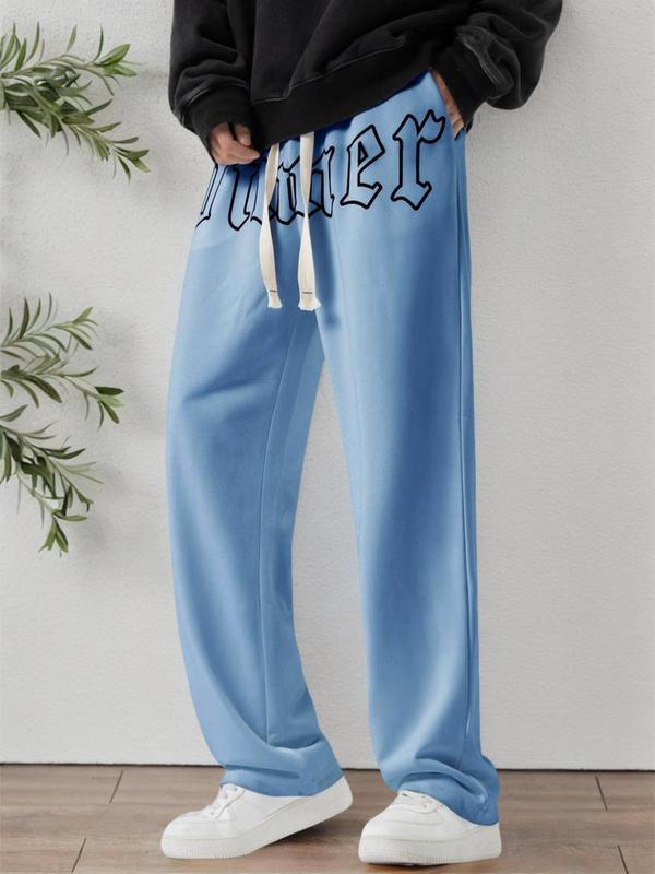 Men's Trendy Letter Print Drawstring Waist Pants, Slant Pocket Straight Leg Sweatpants, Casual Loose Trousers for Fall, Comfy Back To School Outfit, Menswear, Going Out Outfits, Men's Clothing, Fall Outfits, Fallfreshness