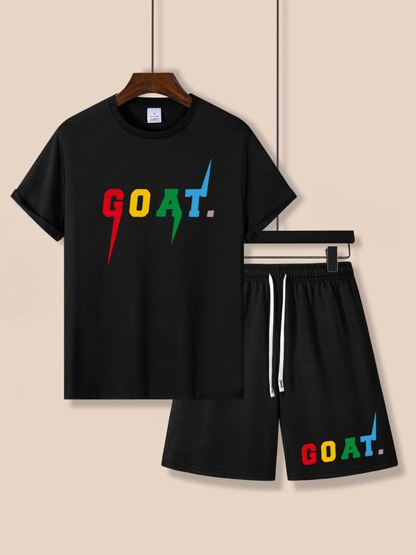 Two-Piece Set Men's Letter Print Shorts Set, Casual Streetwear Crewneck Tee & Drawstring Shorts, Men's 2 Piece Set, Summer Outfits, Casual Breathable Two-piece Outfits for Summer