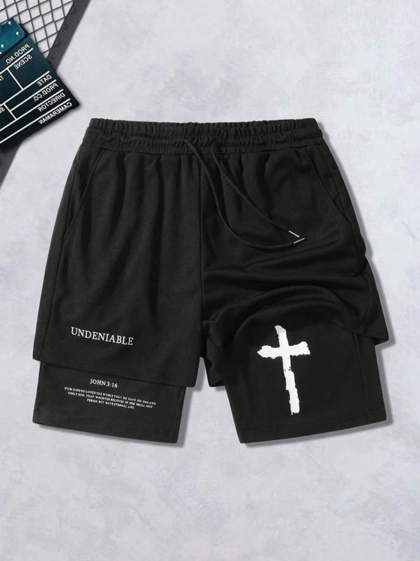 Men's 2 In 1 Letter & Cross Print Shorts, Casual Drawstring Waist Pocket Shorts for Summer, Fashion Men's Bottoms for Daily Streetwear