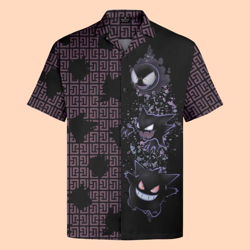 Haunter, Gangar Ghost Pokemon Hawaiian Shirt, Hawaiian shirt with spooky Pokemon motifs - Gift For Halloween, Chrismast Gift Collar Menswear Top Fabric