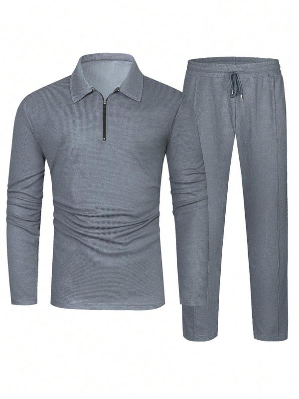 Two-Piece Set Men's Solid Textured Long Sleeve Polo Shirt & Drawstring Waist Pants Suits Set, Regular Fit Casual Longsleeves Zipper Top & Pocket Trousers for Formal Wear, Men's Streetwear Outfits, Menswear